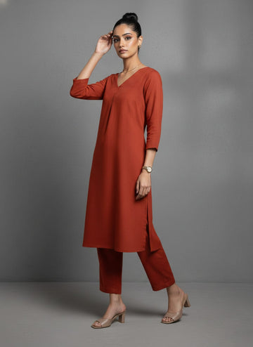 Varanga Women Orange Solid A-Line Kurta Paired With Tonal Bottom