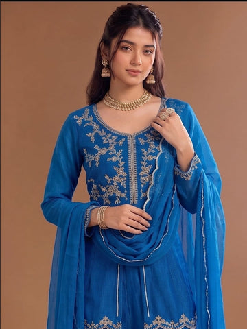 Varanga Blue Embroidered Palazzos With Dupatta | Poly Georgette | Festive