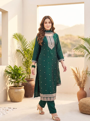 Vichitra Bead-Embellished Round Neck Kurta Solid Ankle-Length Trousers, And An Elegant Embroidered Dupatta