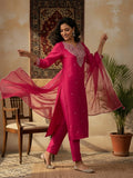 Fuchsia Straight-Fit Kurta Set With Intricate Zari Embroidery, Paired With Solid Ankle-Length Trousers And An Embroidered Dupatta For A Graceful Festive Look.