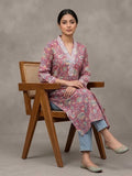 Varanga Women Pink Floral Printed V- Neckline Lace Detailed Stright Kurta