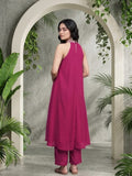 Varanga Women Fushcia Embroidered Sleeveless Flared Kurta Paired With Tonal Bottom