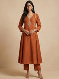Rust Orange Embroidered Kurta Set With Metallic Striped Dupatta
