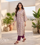Varanga Women Off White Ikat Printed Shirt Collar Straight Kurta  Paired With Violet Solid Bottom
