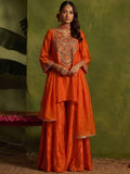 Rust Yoke Embroidered Kurta With Flared Sharara And Dupatta.