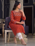 Red Ethnic Kurta Featuring Embroidered Yoke Detailing With Mirror.