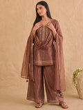 Embroidered Brown Kurta Set With Palazzo And Dupatta.