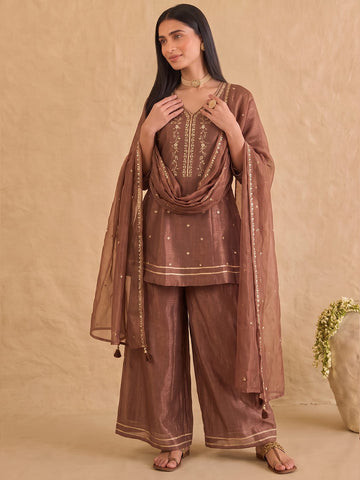 Embroidered Brown Kurta Set With Palazzo And Dupatta.