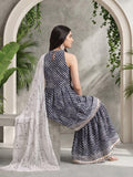 Varanga Blue And White Leheriya Halter Neckline Gota Work Kurta With Sharara And Sequins Emebllished Dupatta.