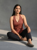 Rust Ajrakh Halter Neck With Crisscross Back Kurti