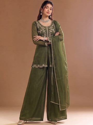 Varanga Green Embroidered Palazzos With Dupatta | Poly Georgette | Festive