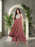 Varanga Women Nude Yoke Embroidered Sleeveless Flared Kurta With Trousers.