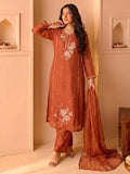 Rust Shiny Kurta Set With Embroidered Dupatta