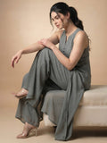 Solid Grey Halter Neck Front Slit Kurta With Palazzos
