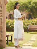 varanga Women Elegant White Ethnic 3-Piece Suit Set With Woven Kurta, Straight Pants, And A Rich Brocade Dupatta.