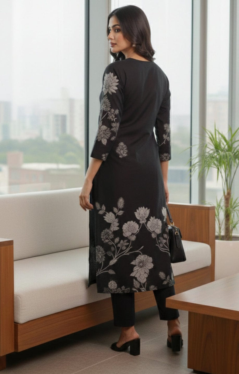 Varanga Women Black Floral Printed Kurta With Solid Trouser.
