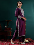 Violet Embroidered Straight Kurta Paired With Tonal Bottom And Dupatta With Four Side Fringes