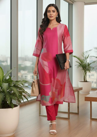 Varanga Women Fuschia Pink Abstract Printed Straight Kurta With Trousers