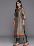 Varanga Women Ikkat Printed Grey Peach Mandrin Collar Straight Kurta With Bottom And Printed Dupatta