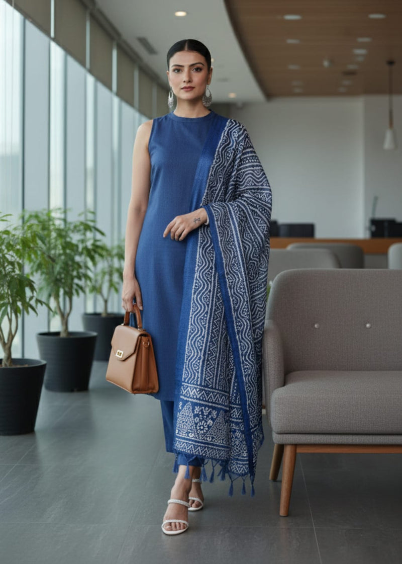 Varanga Women Blue Solid Kurta Set Paired With Printed Dupatta