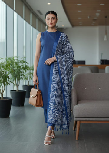 Varanga Women Blue Solid Kurta Set Paired With Printed Dupatta
