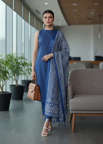 Varanga Women Blue Solid Kurta Set Paired With Printed Dupatta