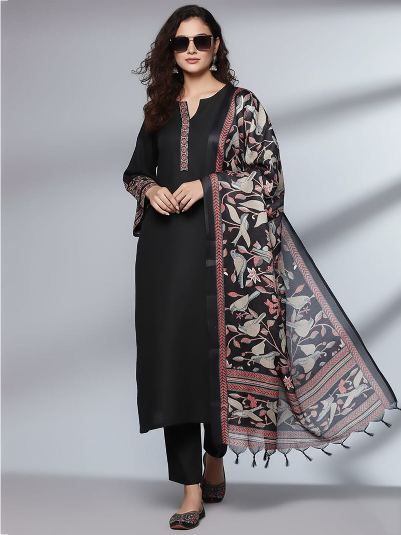 Varanga Women Black Embroidered Kurta Paired With Tonal Bottom And Printed Bhaghalpuri Dupatta