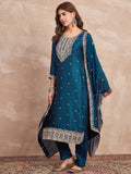 Kurta With Intricate Zari-Embroidered Yoke Is Paired With Ankle-Length Solid Trousers And A Matching Zari-Accented Dupatta