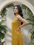 Varanga Women Mustard Halter Neck Straight Lurex Kurta with trouser