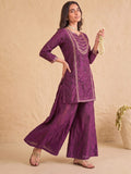 Wine Embroidered Kurta Set Paired With A Shimmering Organza Dupatta.