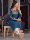 Women's Blue Yoke Embroidered Straight Kurta
