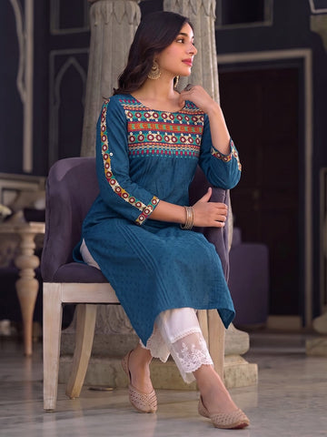 Women's Blue Yoke Embroidered Straight Kurta