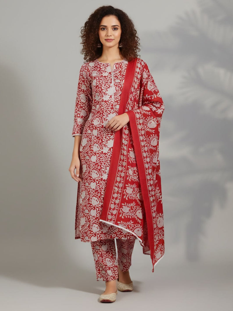 Varanga Women Ethnic Floral Printed Kurta With Trouser & Dupatta