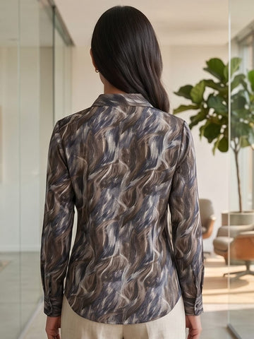 Brown Coloured Slim Collar Long Sleeves Abstract Shirt