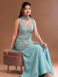 Sea Blue Embroidered Kurta Set Featuring Zari And Sequin Work With A Matching Flared Palazzo And Embellished Dupatta