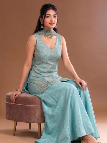 Sea Blue Embroidered Kurta Set Featuring Zari And Sequin Work With A Matching Flared Palazzo And Embellished Dupatta