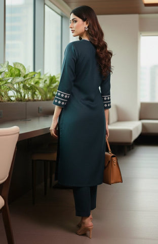 Varanga Women Bottle Green Embroidered Kurta Set