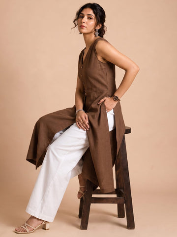 Sleeveless Brown Linen Kurta