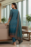 Varanga Women Patola Printed, Teal & Beige Mandrin Collar ,Straight Kurta With Solid Bottom And Printed Dupatta