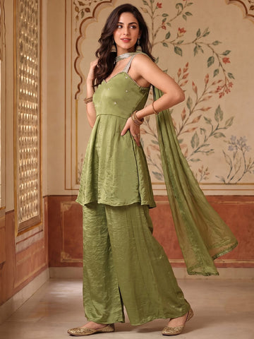 Varanga Women Empire Mirror Work front slit kurta with flared Palazzos & With Dupatta