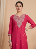 Fuchsia Straight-Fit Kurta Set With Solid Ankle-Length Trousers And An Embroidered Dupatta
