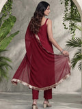 Varanga Women Maroon Round Neck, Spaghetti Strap Style Straight Kurta Paired With Tonal Bottom And Dupatta