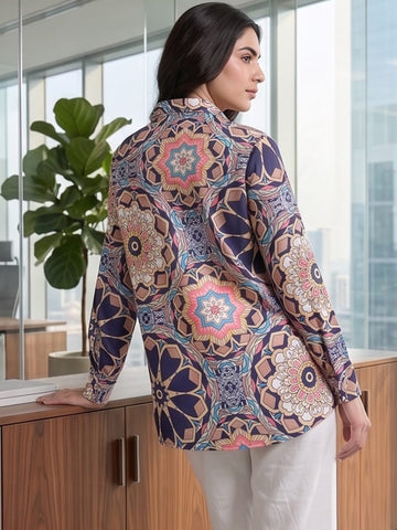 Multi Coloured Slim Collar Long Sleeves Geometric Shirt