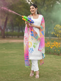 Varanga Women Self Embroidered Schiffli Bordered Kurta with Trouser & Multicolor Dupatta