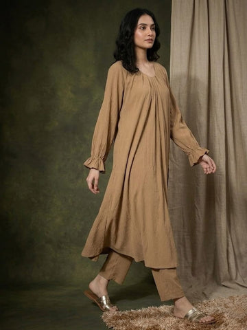 Varanga Women Beige Colour, Bishop Sleeve A-Line Kurta Paired With Tonal Bottom