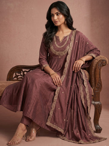 Women's Vintage Gilded Mauve Anarkali Set