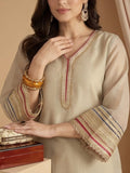 Varanga Women Three-Piece Set Featuring A Shimmer-Detailed Grey Kurta, Solid Ankle-Length Trousers, And An Embroidered Net Dupatta