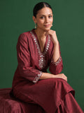 Womens Maroon Mirror-Work Silk Kurta Set