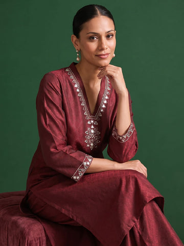 Womens Maroon Mirror-Work Silk Kurta Set