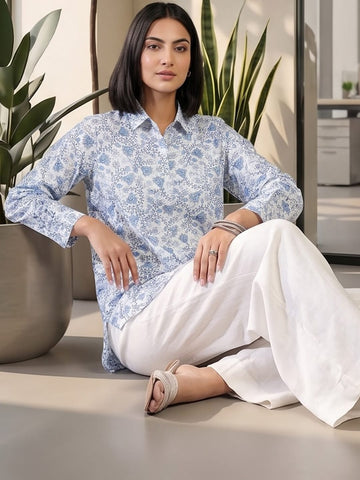 White Coloured Slim Collar Long Sleeves Floral Shirt
